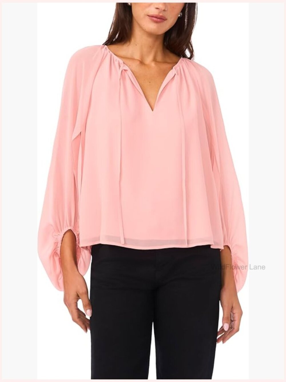 Sheer Balloon Sleeve Blouse - V-Neck Tie Front - Polyester - Lightweight - Pull